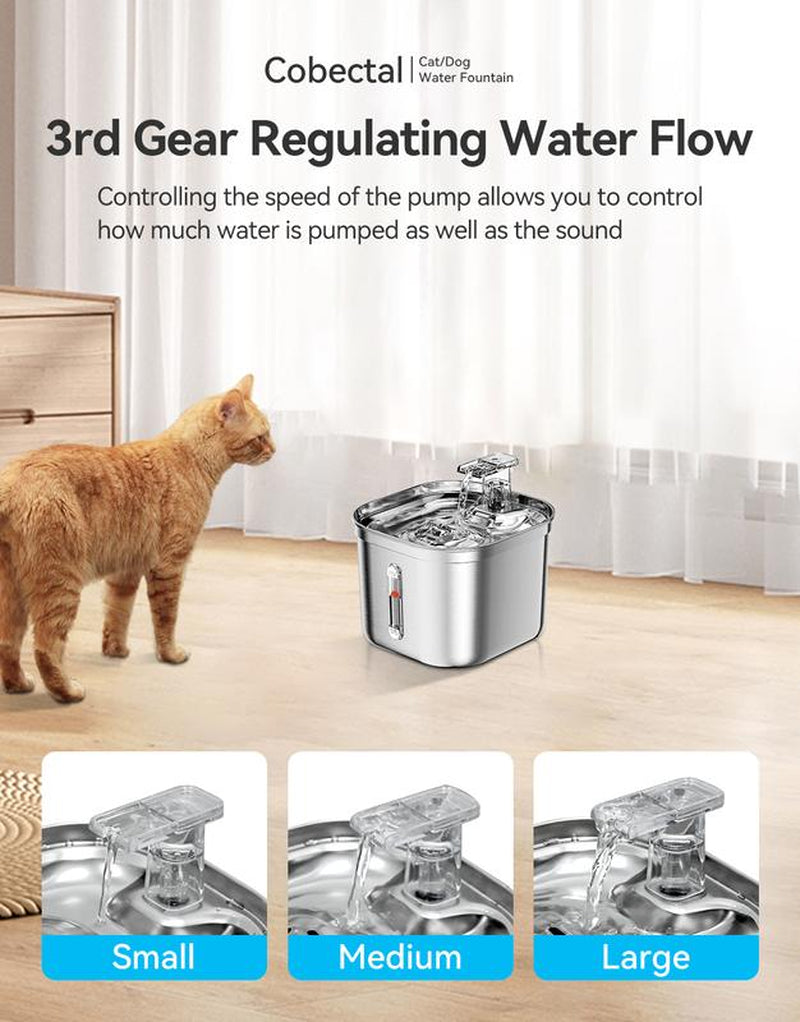 Upgrade Cat Water Fountain Stainless Steel, 74Oz/2.2L Cat Fountain with Multi-Filter, Cat Fountains for Drinking Stainless Steel, No Sputter, Compact, Easy Cleaning, Suit for Pets Dogs Cat