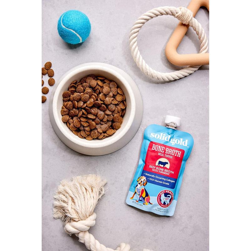 Solid Gold Bone Broth Beef Topper for Dogs - Nutrient-Rich Flavor with Turmeric for Picky Eaters - Made in USA - 12 Pouches