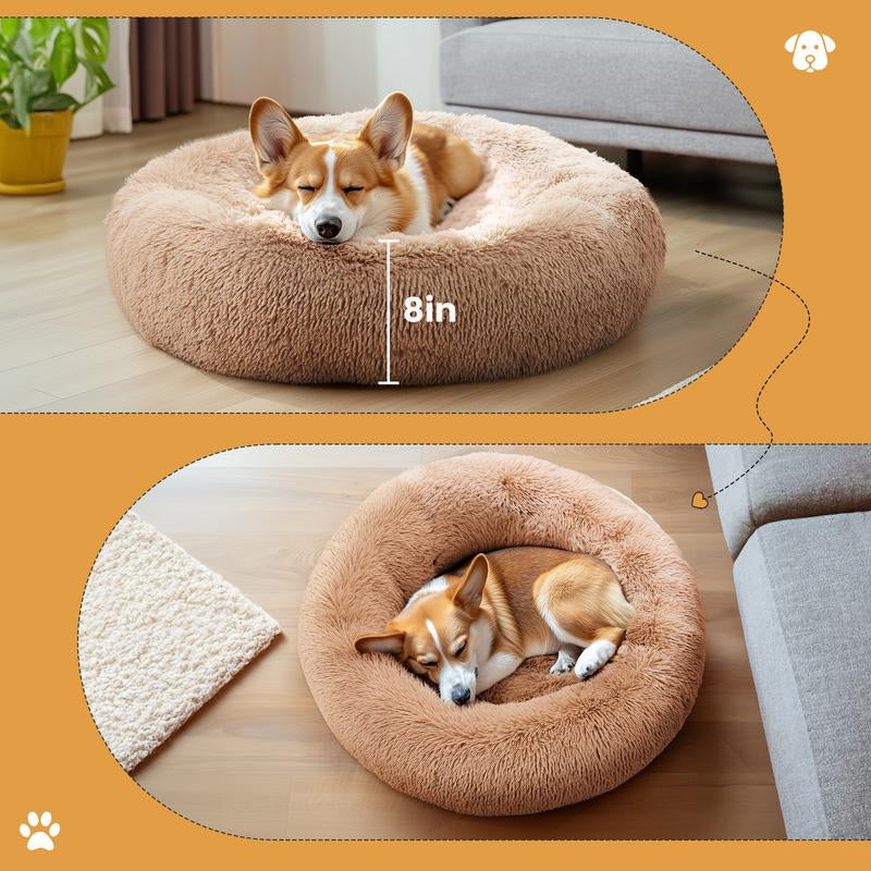 Calming Donut Cat & Dog Bed for Small Dogs, Faux Fur Plush round Dog Bed, Anti-Anxiety Waterproof Anti-Slip